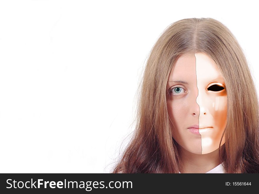 The nice girl with the split mask on the person removed on a white background without isolation. The nice girl with the split mask on the person removed on a white background without isolation