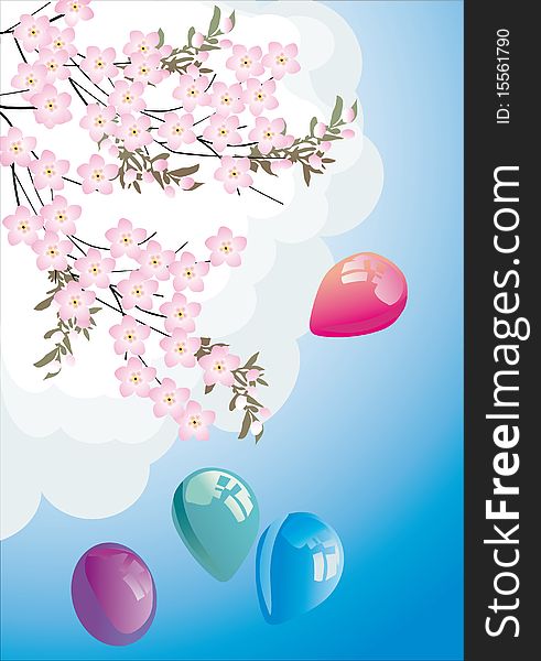 Illustration with balloons and spring tree branch. Illustration with balloons and spring tree branch