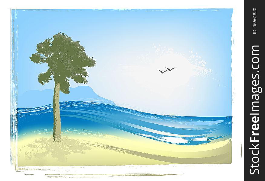 Illustrated seascape with palm trees, sea and seagulls