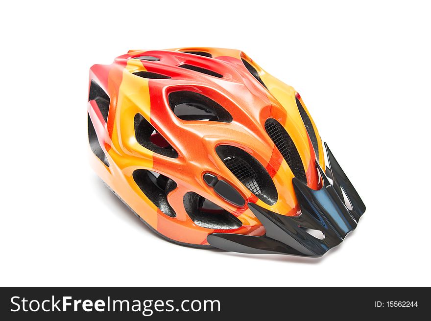 Isolated on white orange bicycle helmet