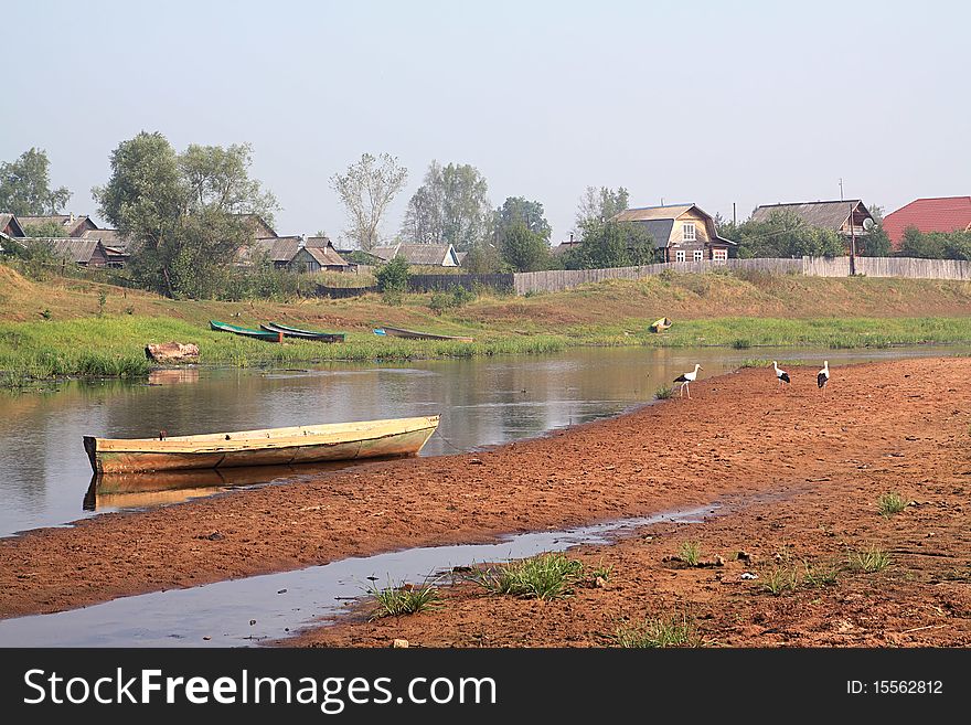 Three cranes on coast river near villages