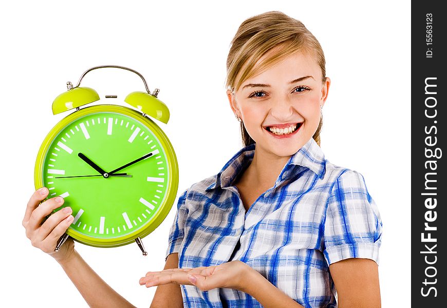 Attractive young model smiling and holding the clock on a white background. Attractive young model smiling and holding the clock on a white background