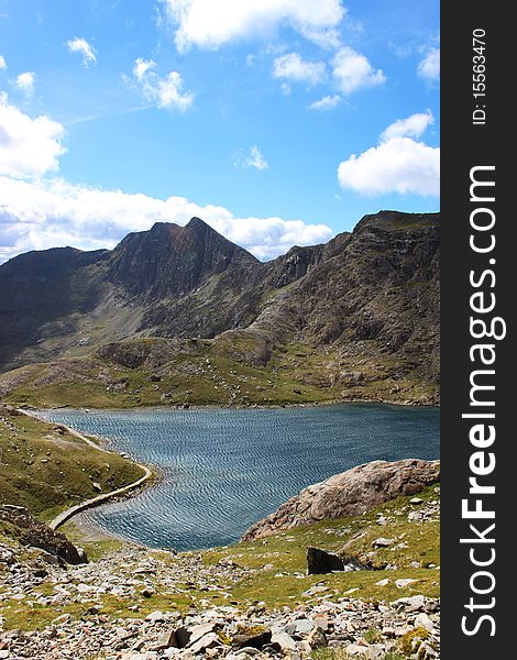 Love shape lake along miners track on the way to tip of Snowdonia, Wales