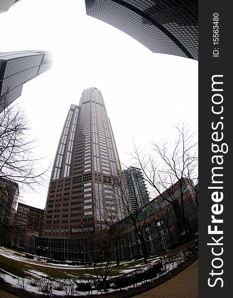 Fish eye view of Chicago skyscraper buildings in winter