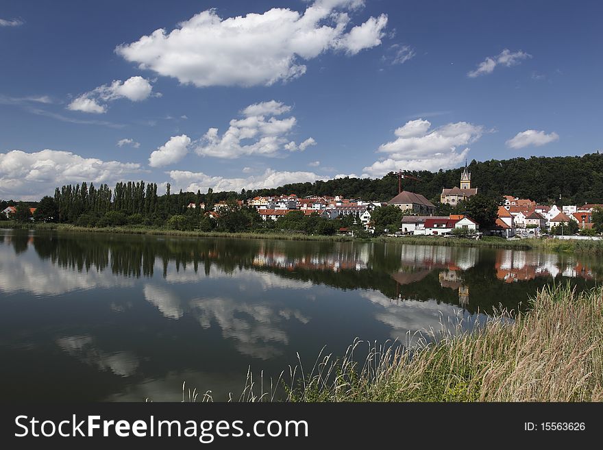 The view Hluboka nad Vltavou city seen across the local pond. The view Hluboka nad Vltavou city seen across the local pond.