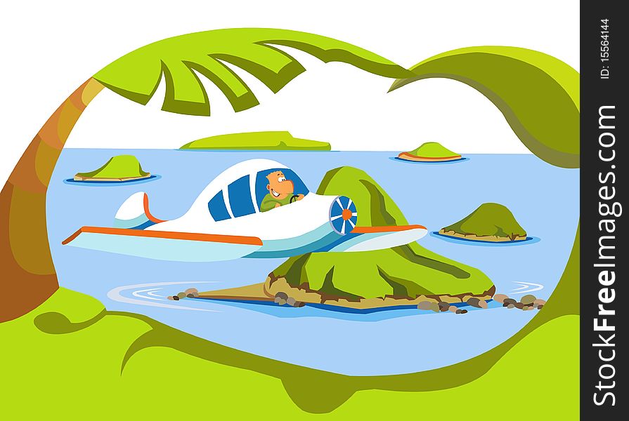 Cartoon illustration. Happy man flying on a plane over the islands.