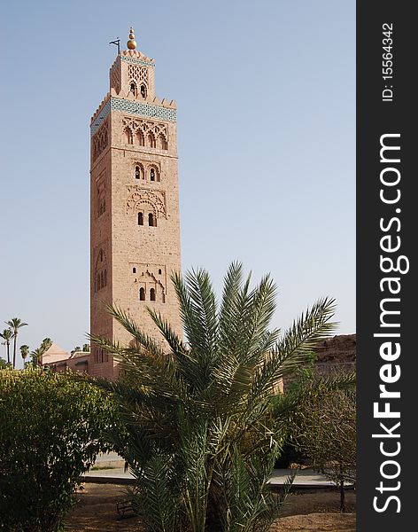 The tall minaret at the Koutoubia mosque in Marrakech
