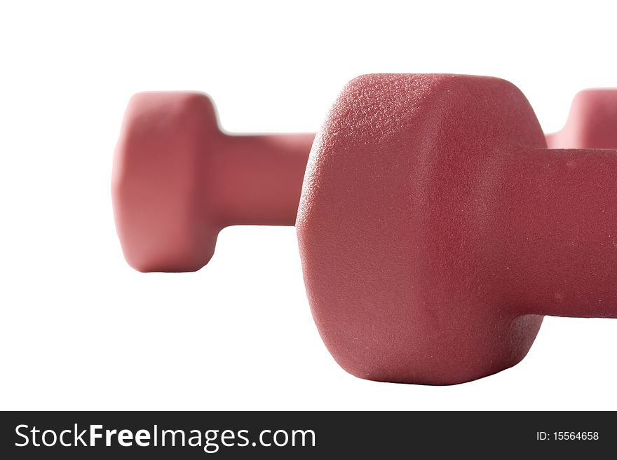 Two pink dumbbells on a white background.