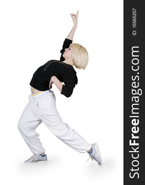 Teenager dancing hip-hop over white background