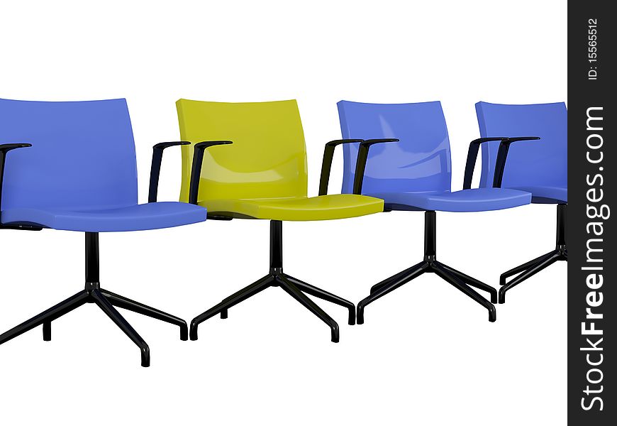 Blue and yellow office armchairs isolated on the white background, 3D illustration/render