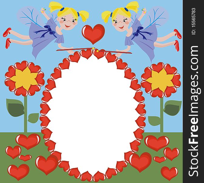 Background with blond funny faries and hearts. Background with blond funny faries and hearts.