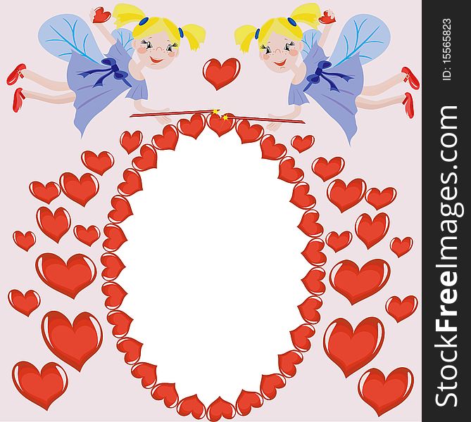 Background with  blond funny faries and hearts. Background with  blond funny faries and hearts.