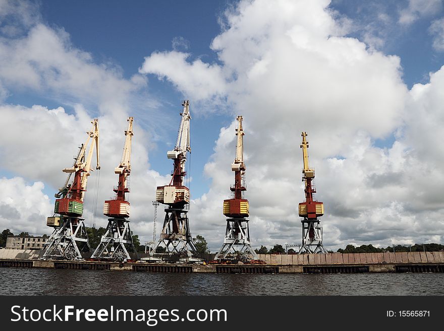 Cranes relaxing in the harbor . Cranes relaxing in the harbor .