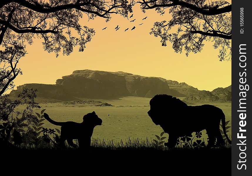 Lions on beautiful sunset landscape . Background illustration
