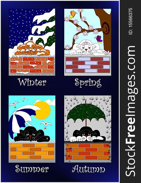 A funny illustration with cats and the four seasons. For web or print usage. Available EPS format. A funny illustration with cats and the four seasons. For web or print usage. Available EPS format.