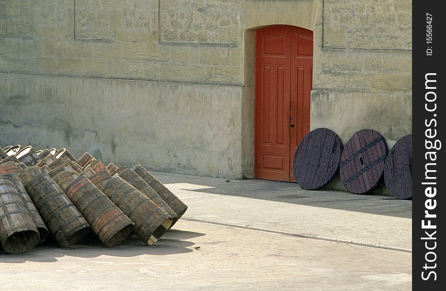 Shot of a yard where barrels are being repaired. Shot of a yard where barrels are being repaired.