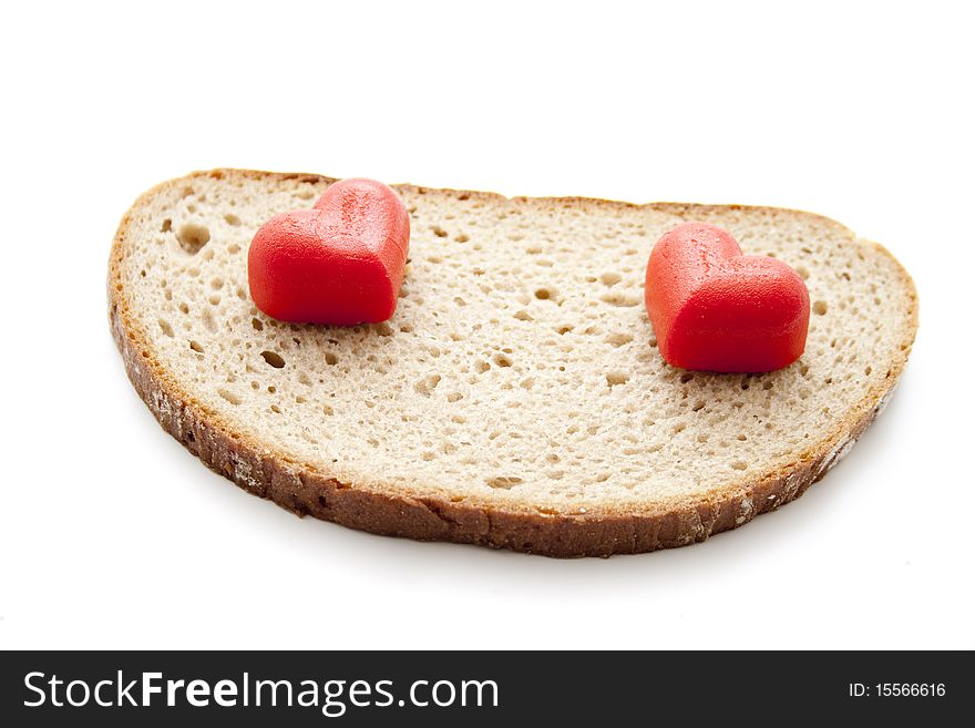 Two hearts on wheat bread. Two hearts on wheat bread