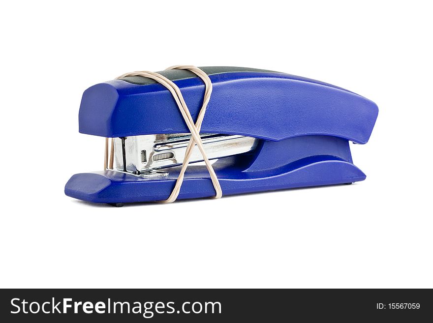 Blue Stapler Wrapped With Rubber Band