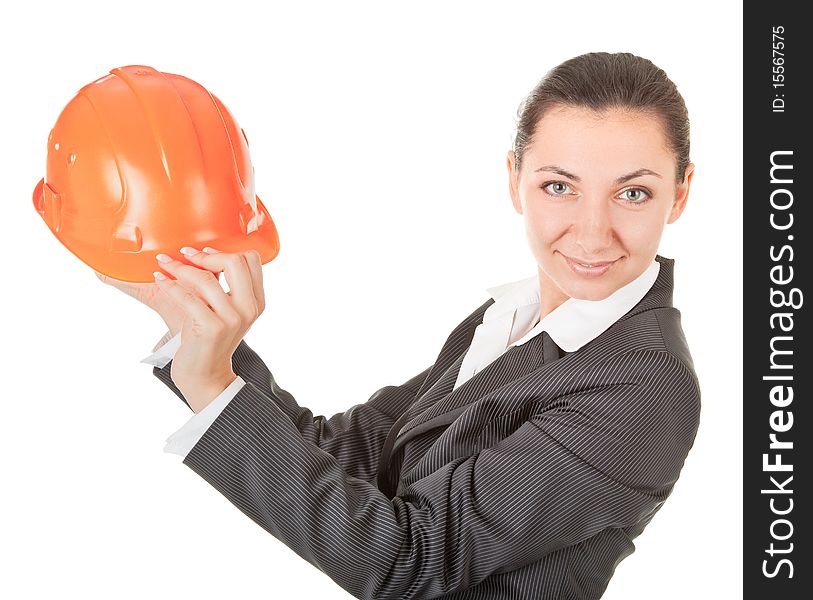 Woman in a business suit with  helmet
