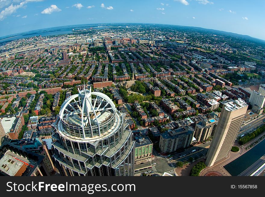 Boston skyline from the top of the Prudential Building in Massachusetts, USA.