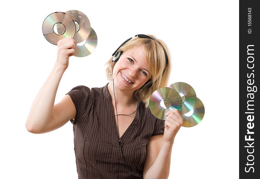 Happy woman listening music with cds in the hands. Happy woman listening music with cds in the hands