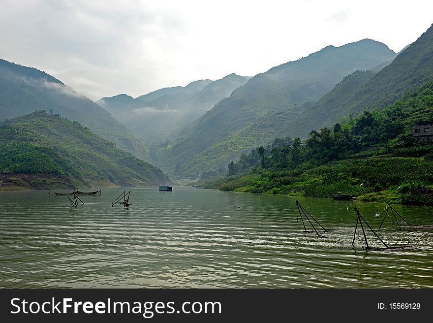Landscape of a influent river of the Yangzi in China. Landscape of a influent river of the Yangzi in China