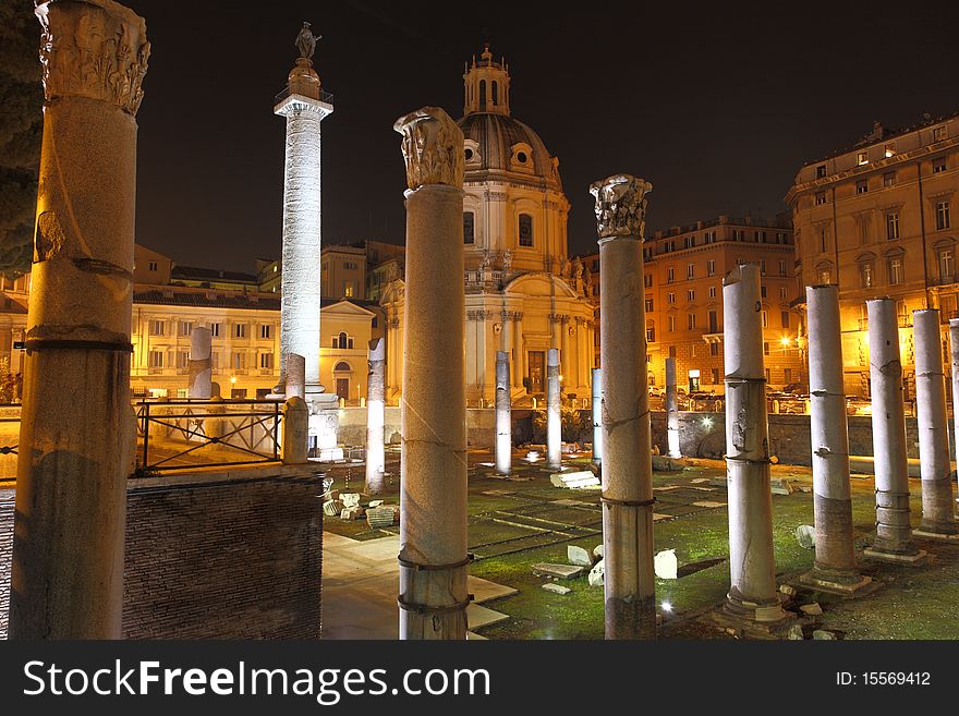 Ancient Trajan's Forum in Rome at night