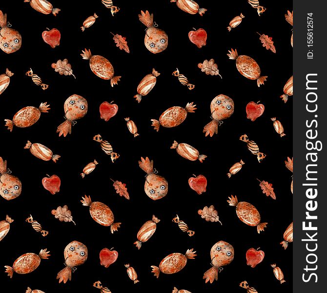 Watercolor seamless pattern with orange Halloween candies and red apples on a black background. Cartoon style.