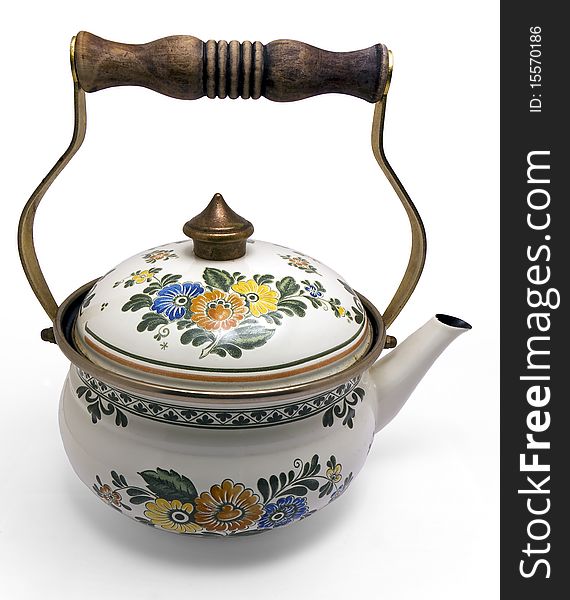 Antique water kettle with flower decorations on white. Antique water kettle with flower decorations on white