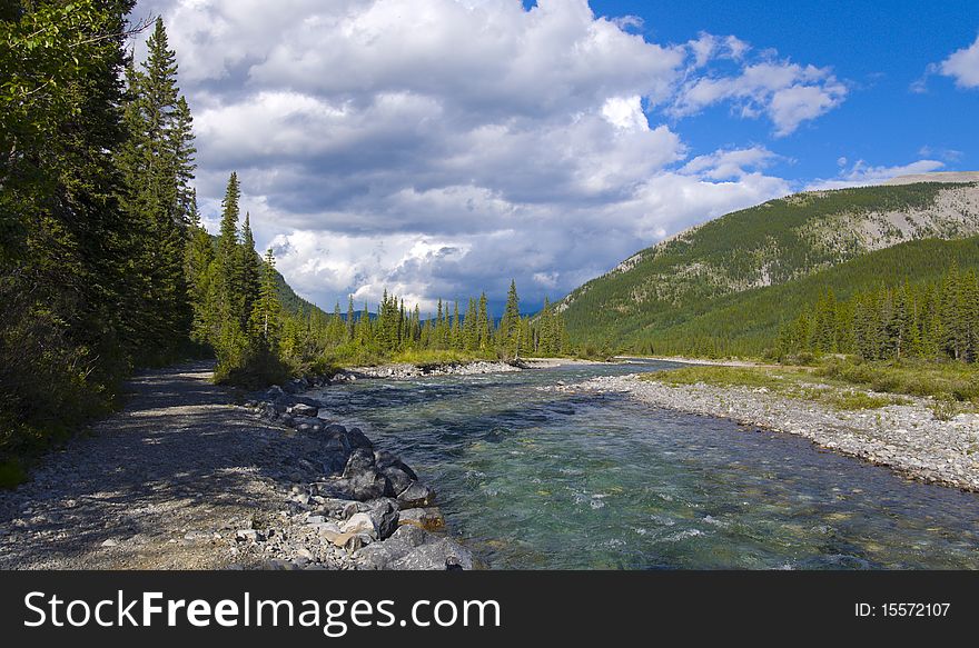 Flowing river in the high mountains of Kananskis Country, Alberta, Canada. Flowing river in the high mountains of Kananskis Country, Alberta, Canada