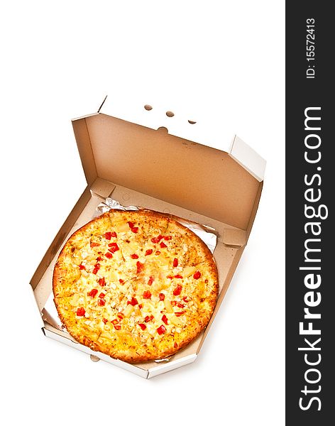 Fresh pizza in plain open box isolated on white. Light shadow. Fresh pizza in plain open box isolated on white. Light shadow