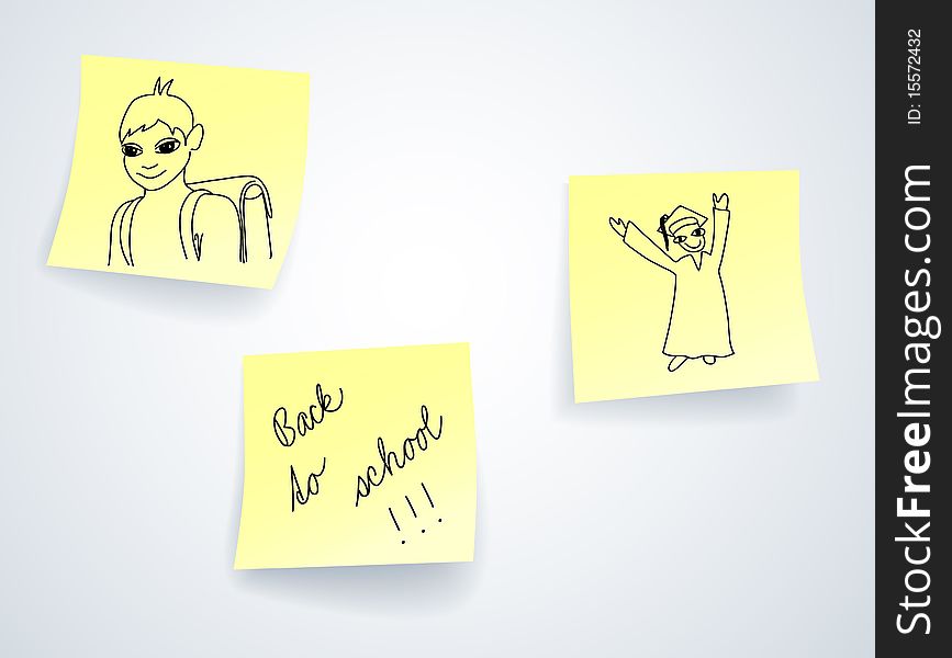 Back to school, vector illustration of doodles on sticky notes