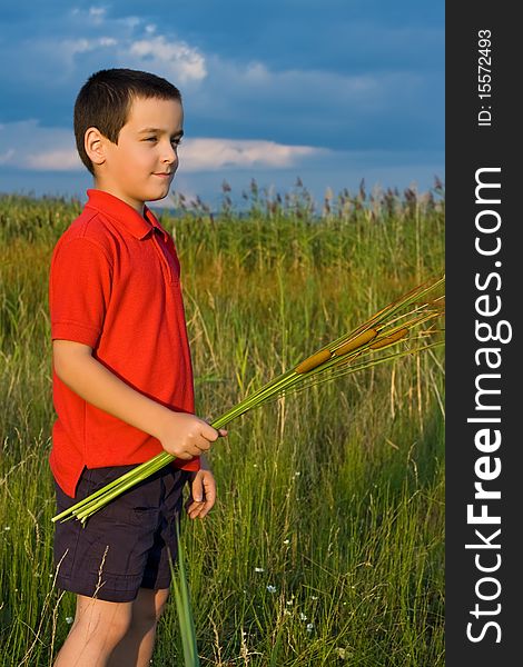 Boy holding reeds