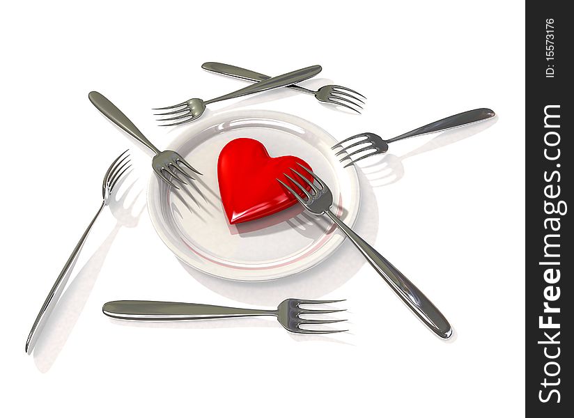 Heart on plate with forks. Heart on plate with forks