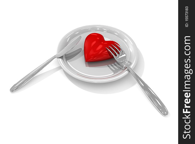 Heart on plate with fork and knife. Heart on plate with fork and knife