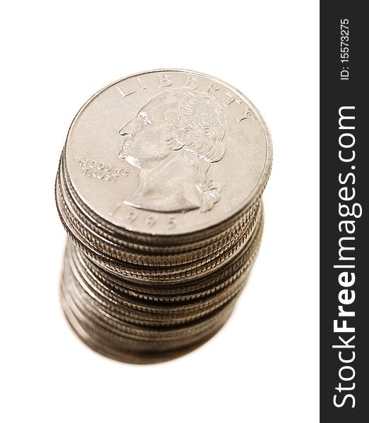 Stack of Quarter Coins isolated on white Background. Stack of Quarter Coins isolated on white Background