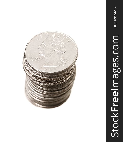 Stack of Quarter Coins isolated on white background. Stack of Quarter Coins isolated on white background