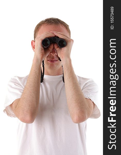 Man looks through binoculars over white background