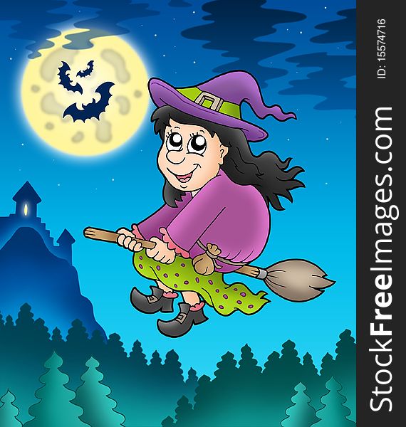 Cute witch on broom near castle