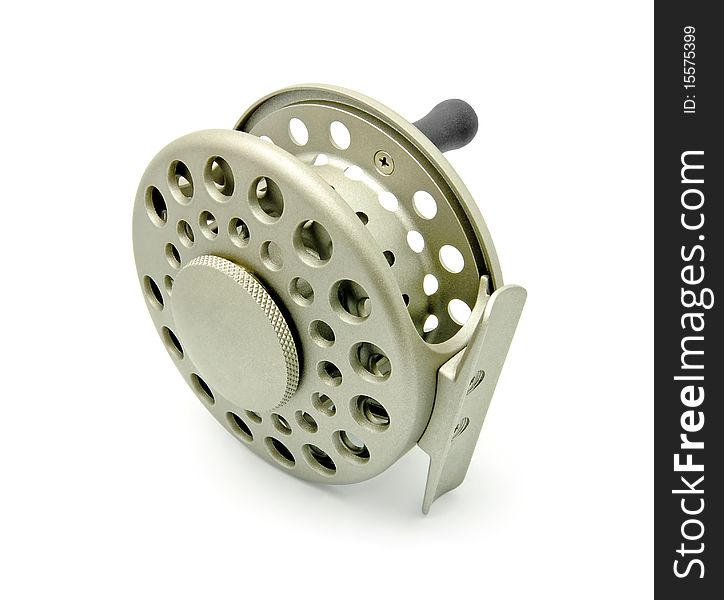 Professional metal fly fishing reel isolated on white background. Professional metal fly fishing reel isolated on white background