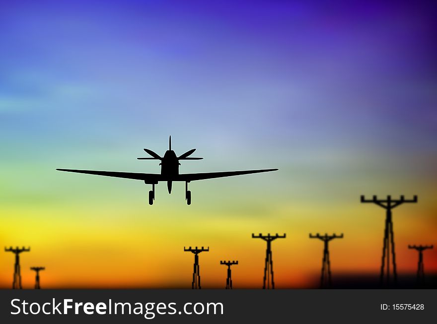 Airplane isolated over blue yellow background with electrical distribution poles
