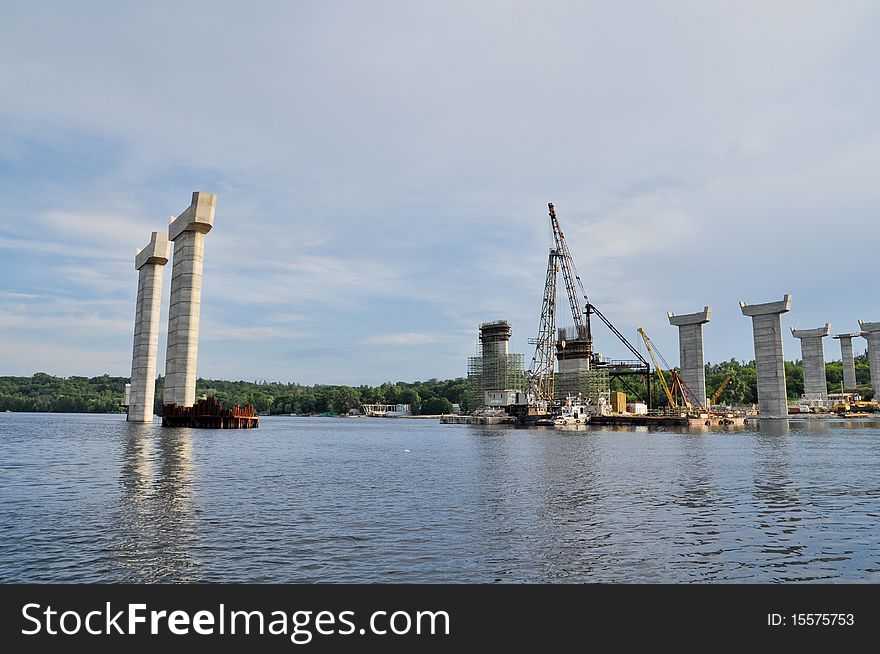 Building reinforced concrete bridge with highway on Dnepr river. Building reinforced concrete bridge with highway on Dnepr river