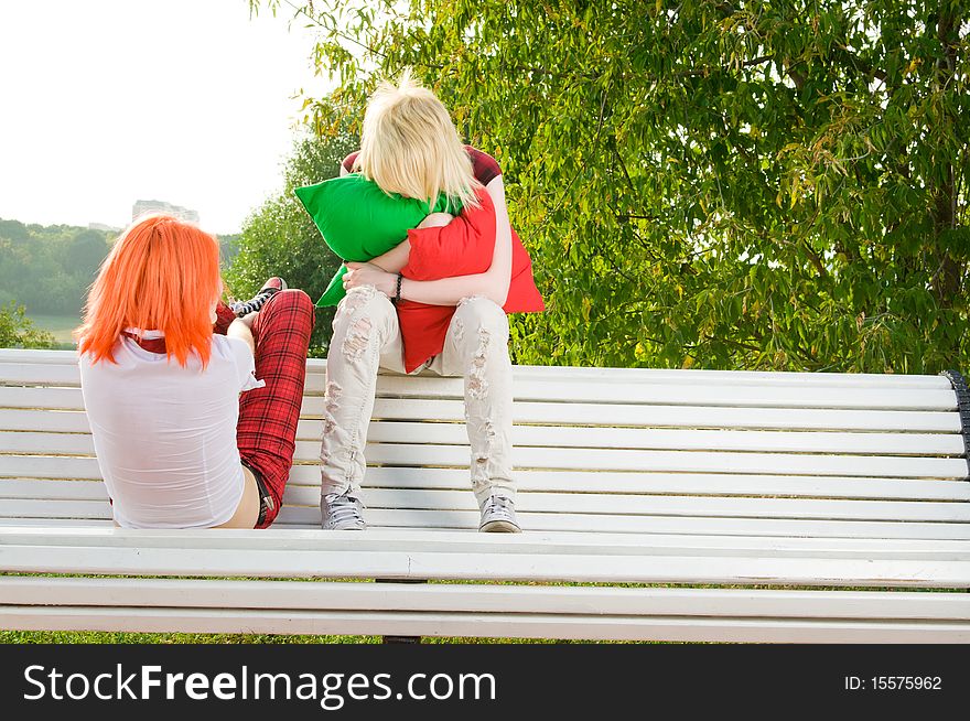 Two teenage girls have fun at the summer park. Two teenage girls have fun at the summer park