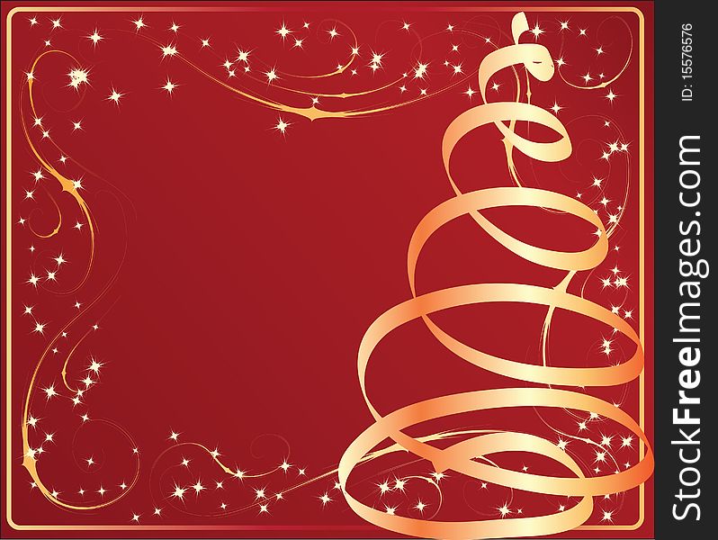 Red christmas background with tree, illustration