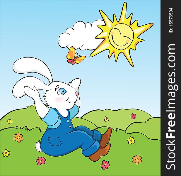 Sunny scene featuring a rabbit on grass with flowers