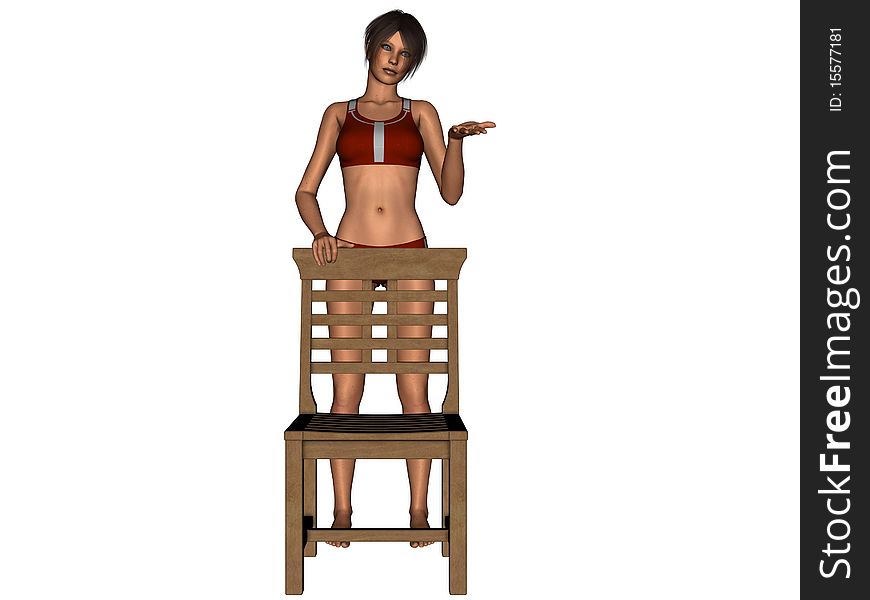 Young contemporary woman standing behind a typical poolside chair.  3D rendered illustration. Young contemporary woman standing behind a typical poolside chair.  3D rendered illustration