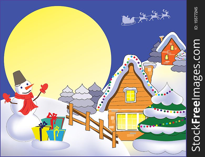 Christmas landscape with the celebratory house, the snowman, gifts and Santa Claus. Christmas landscape with the celebratory house, the snowman, gifts and Santa Claus