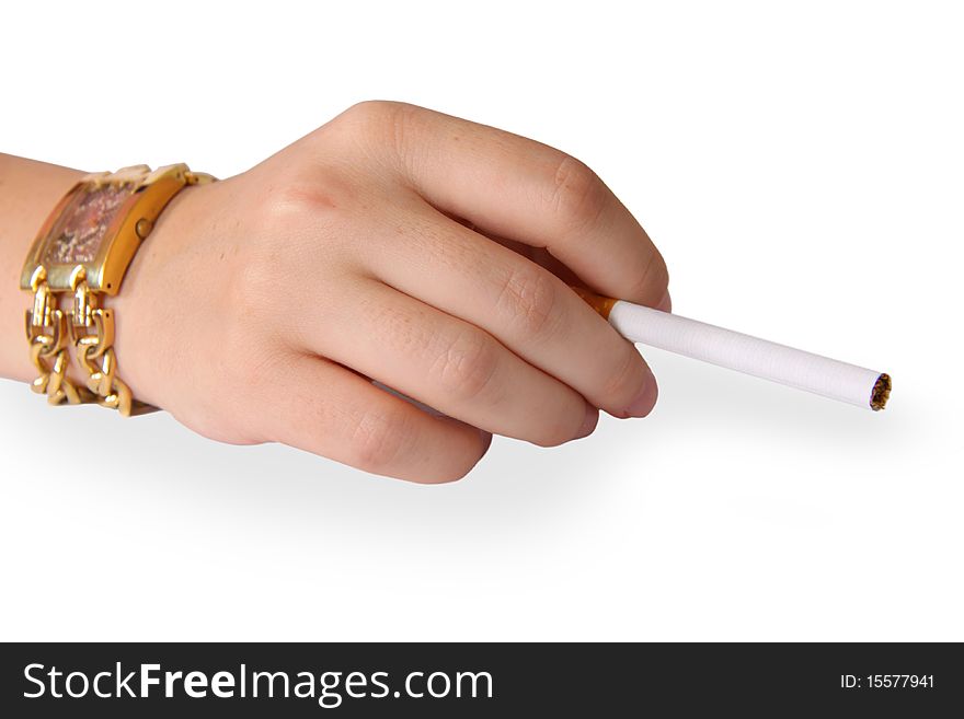 Hand, holding cigarette on white background. Hand, holding cigarette on white background