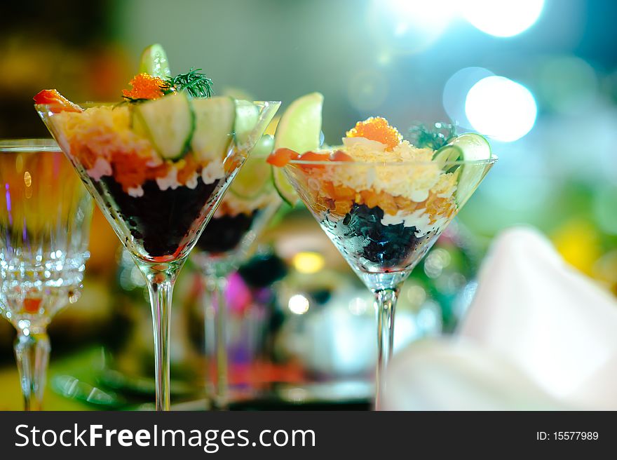 Seafood Salad with flying fish caviar in stemware. Seafood Salad with flying fish caviar in stemware