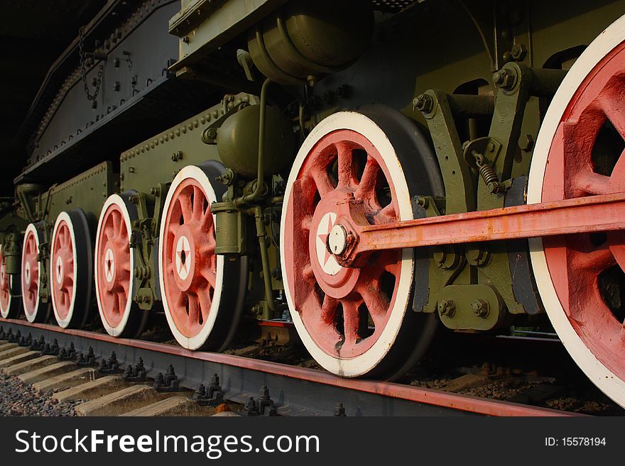 Wheels of the old locomotive on the rails. Wheels of the old locomotive on the rails